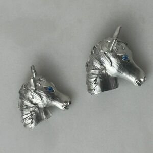 Pair Silver Tone Horse Head Brooch Pin Blue Rhinestone Eyes Equestrian